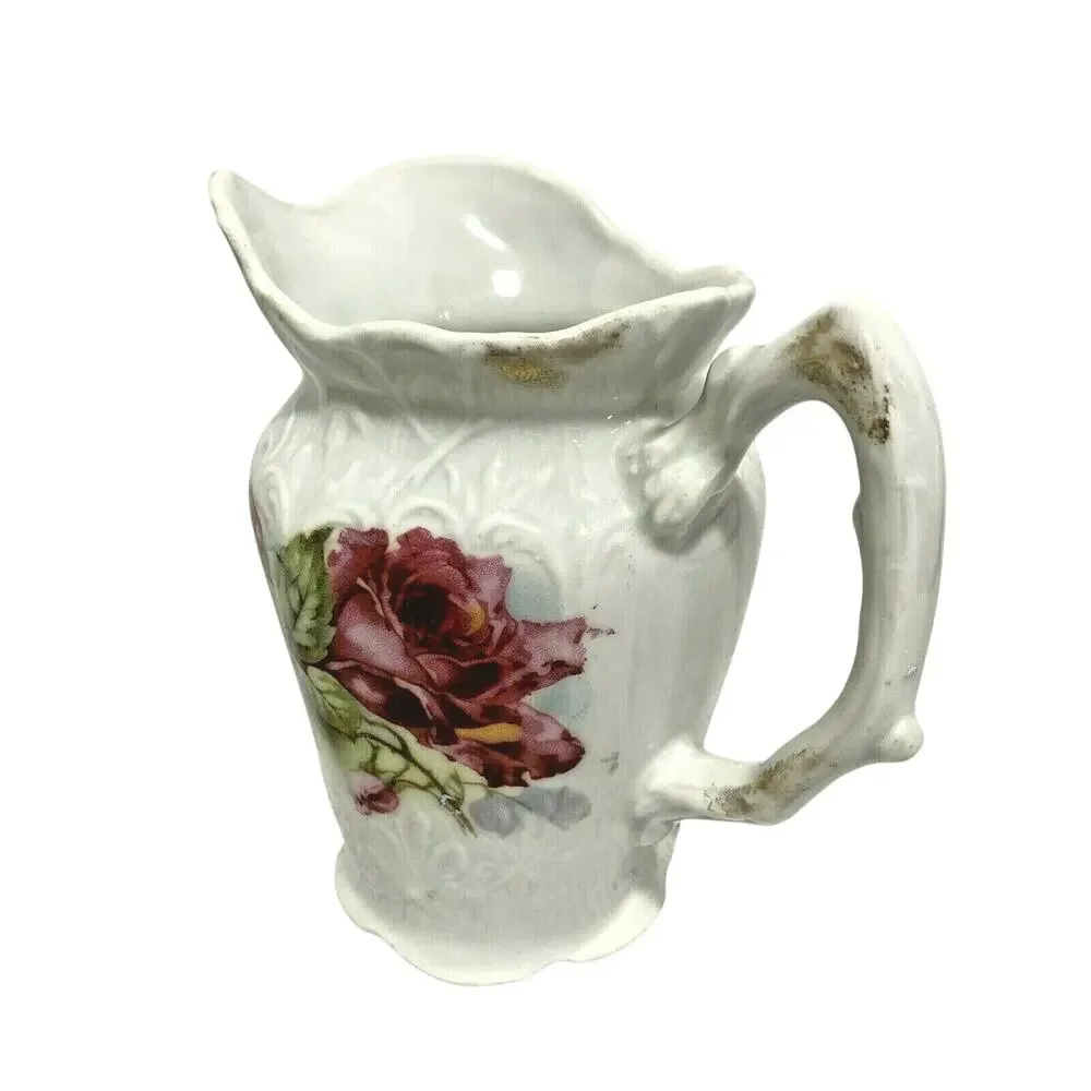 Vintage Creamer Cottage Farmhouse Decor Art Nouveau porcelain pink & red flowers